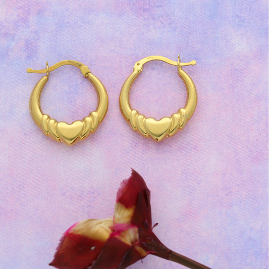 Gold Stud Heart Design Hoop Earrings 18KT - FKJERN18K9272