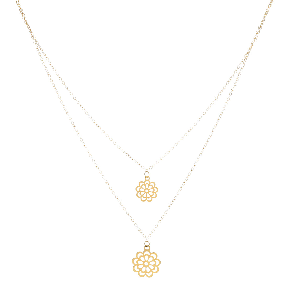 Gold Double Layered Flower Shaped Necklace 21KT - FKJNKL21KM9786