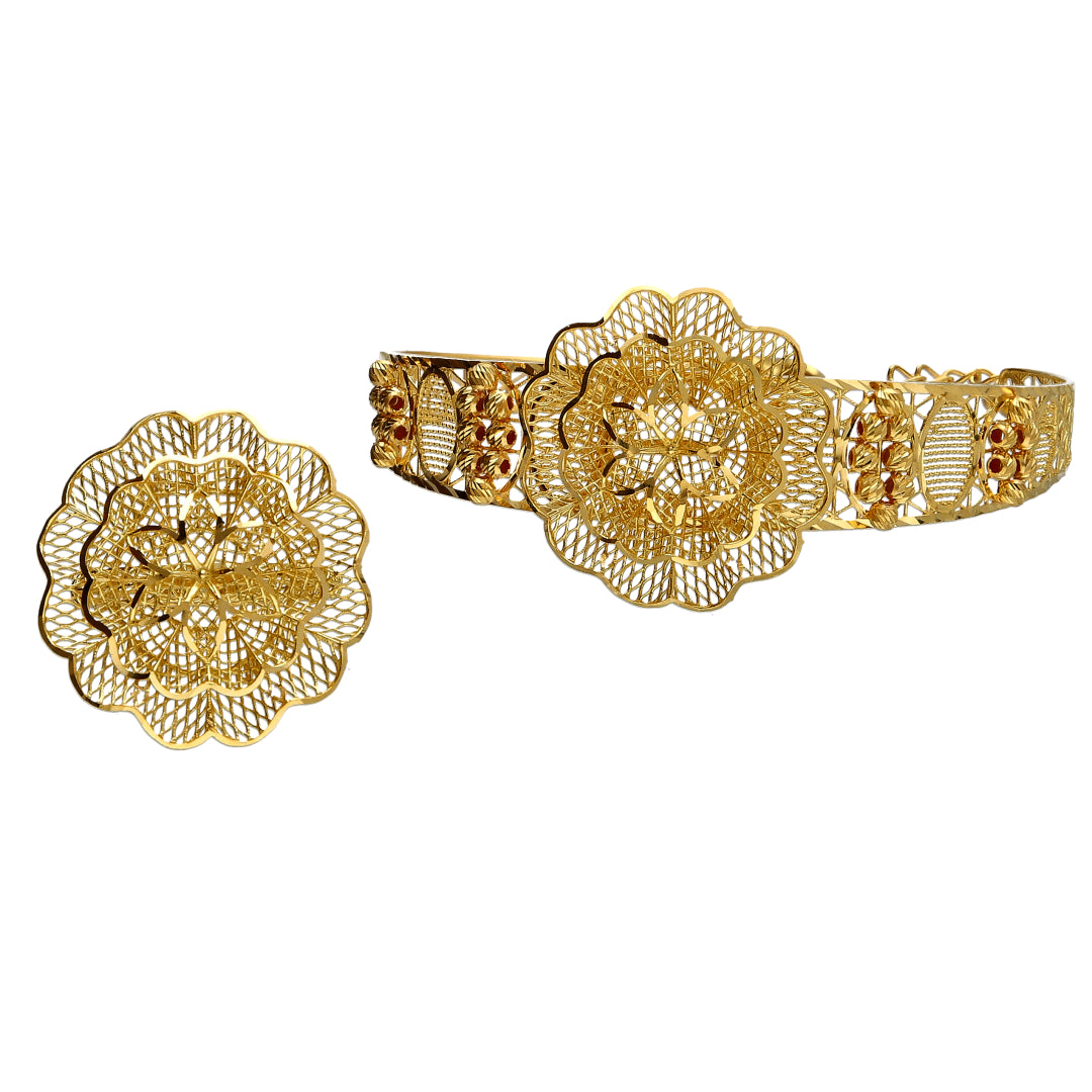 Gold Flower Design Bangle Set (Bangle and Ring) 21KT - FKJSET21KM10126