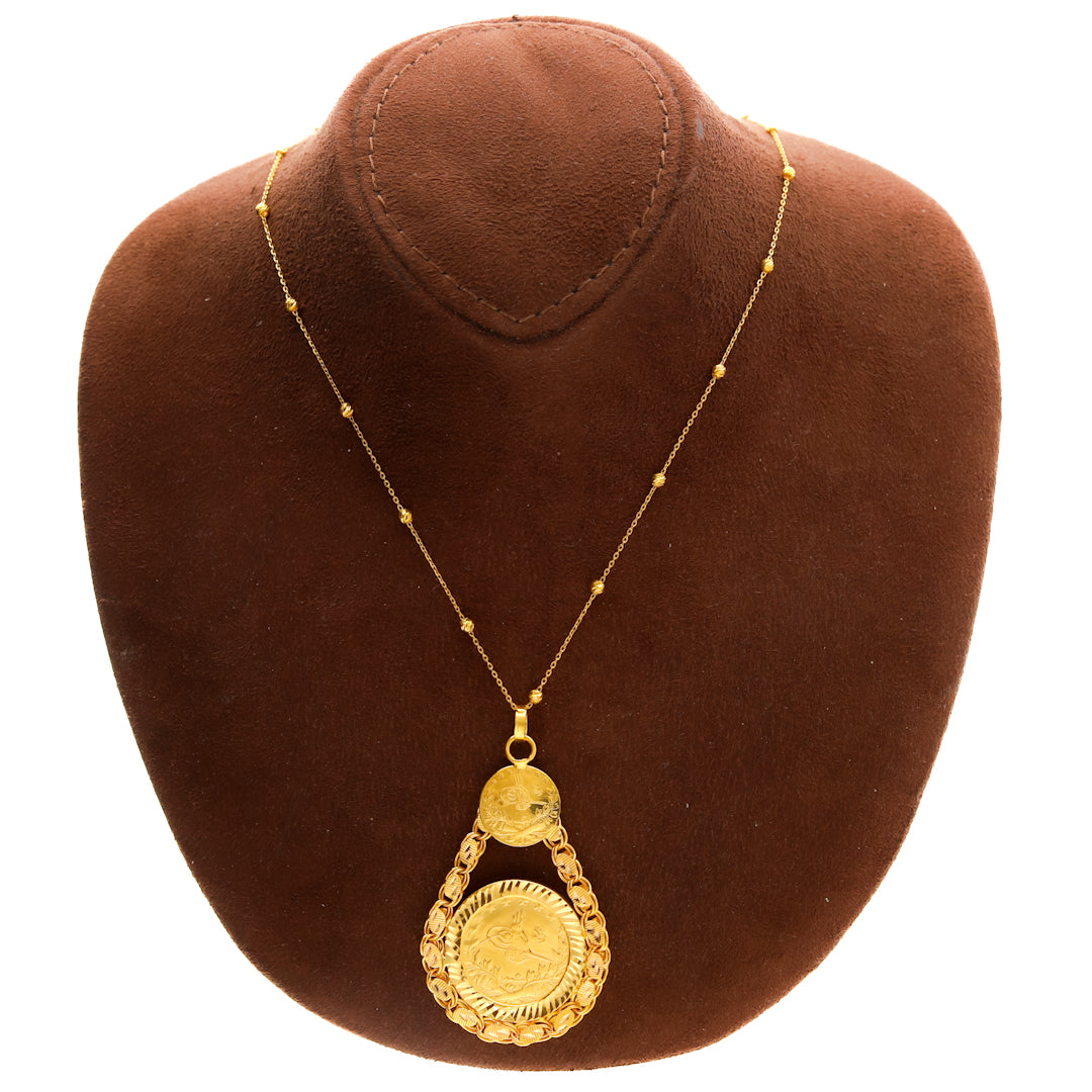 Gold Ottoman style Necklace (Beaded Chain with Turkish Lira Pendant) 21KT - FKJNKL21KM10177