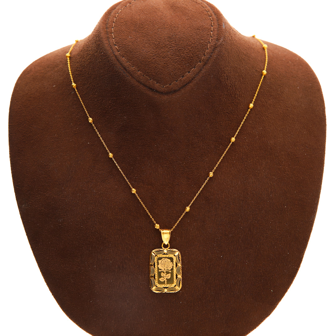 Gold Necklace (Beaded Chain with Rose Motif Pendant) 21KT - FKJNKL21KM10181