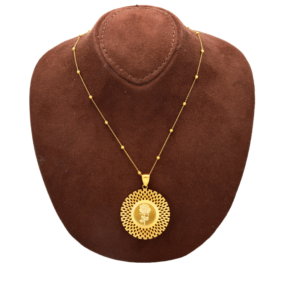 Gold Necklace (Beaded Chain with Rose Motif Round Pendant) 21KT - FKJNKL21KM10211