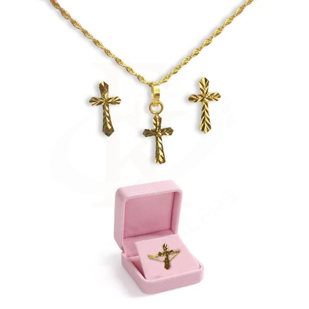 Gold Cross Pendant Set (Necklace Earrings And Ring) 18Kt - Fkjnklst1692 Sets