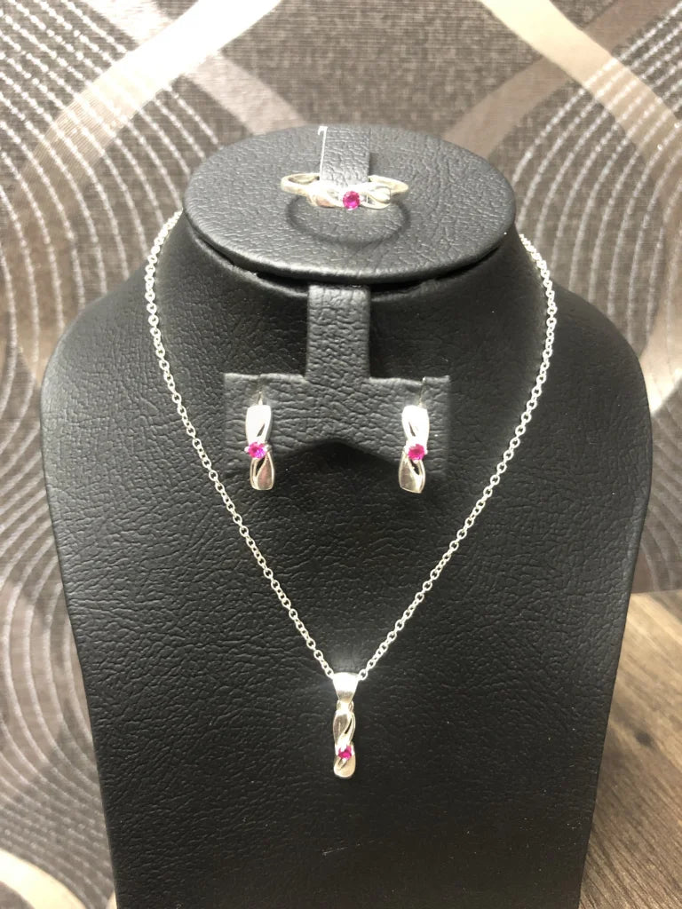 Italian Silver 925 Pink Solitaire Pendant Set (Necklace Earrings And Ring) - Fkjnklstsl2113 Sets