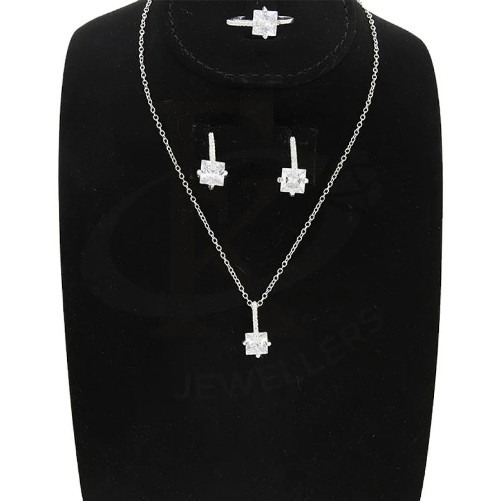 Italian Silver 925 Princess Cut Solitaire Pendant Set (Necklace Earrings And Ring) - Fkjnklst2020