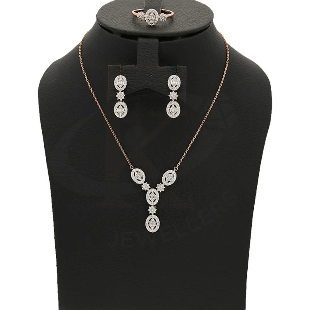 Italian Silver 925 Rose Gold Plated Oval Shaped Pendant Set (Necklace Earrings And Ring) -