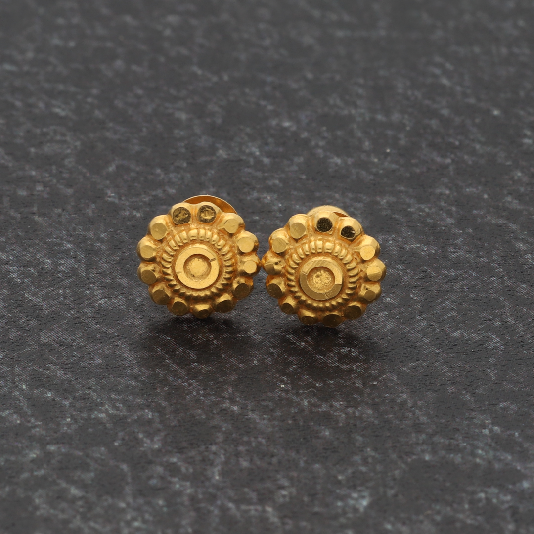 Gold Traditional Round Flower Stud Earrings 22KT - FKJERN22K9074