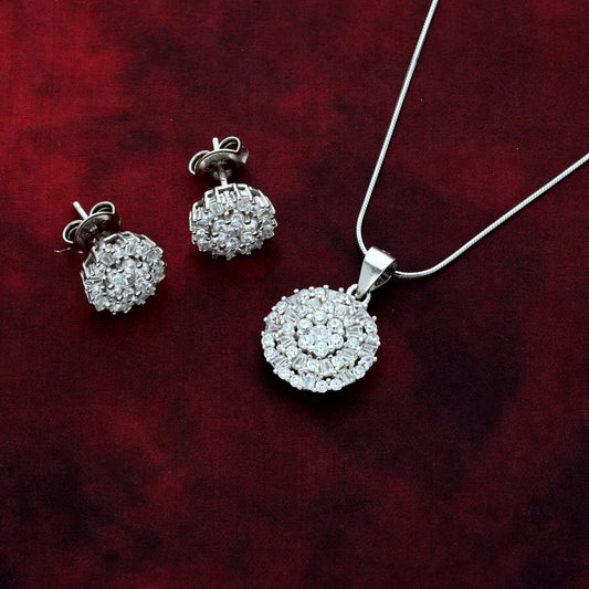 Sterling Silver 925 Round Flower Shaped Pendant Set (Necklace & Earrings) - FKJNKLSTSL9461