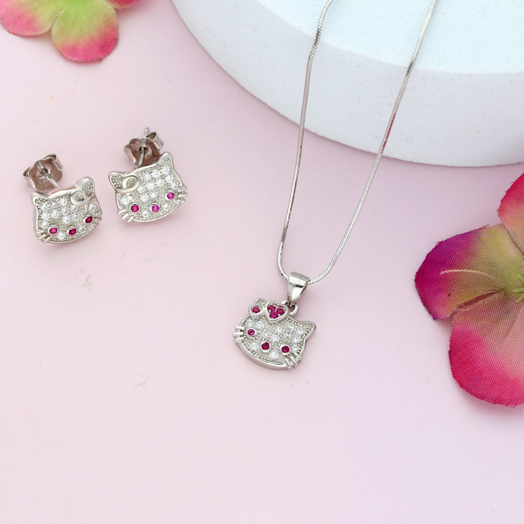 Sterling Silver 925 Hello Kitty Shaped Pendant Set (Necklace & Earrings) - FKJNKLSTSL9462