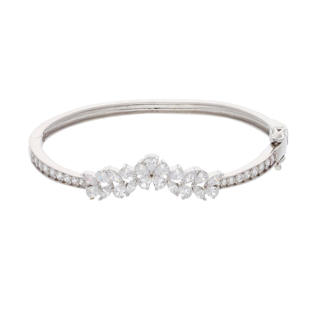 Sterling Silver 925 Flower Zirconia Bangle - FKJBNGSL9478