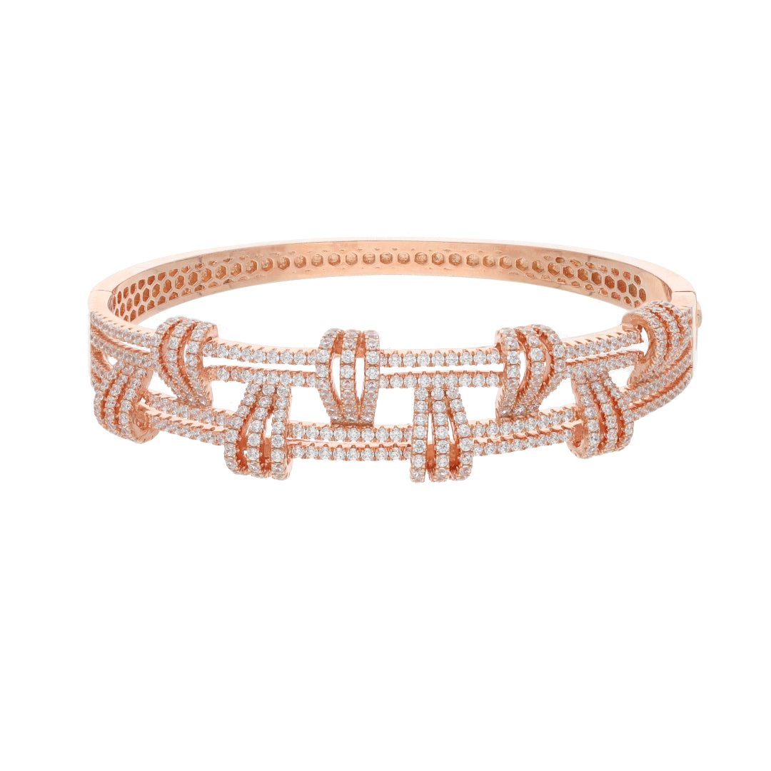 Sterling Silver 925 Double Layer Design Zirconia Rose Gold Plated Bangle - FKJBNGSL9482