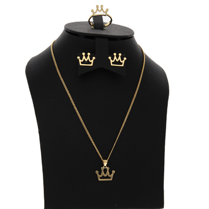 Gold Crown Shaped Pendant Set (Necklace, Earrings and Ring) 18KT - FKJNKLST18K8917