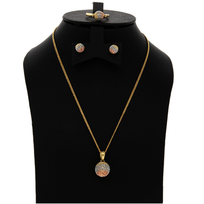 Gold Round Stud Shaped Pendant Set (Necklace, Earrings and Ring) 18KT - FKJNKLST18K8918