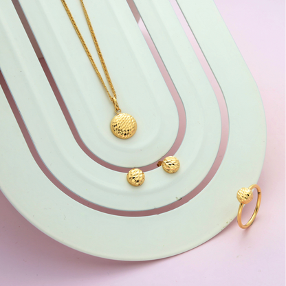 Gold Round Shaped Stud Pendant Set (Necklace, Earrings and Ring) 18KT - FKJNKLST18K8946