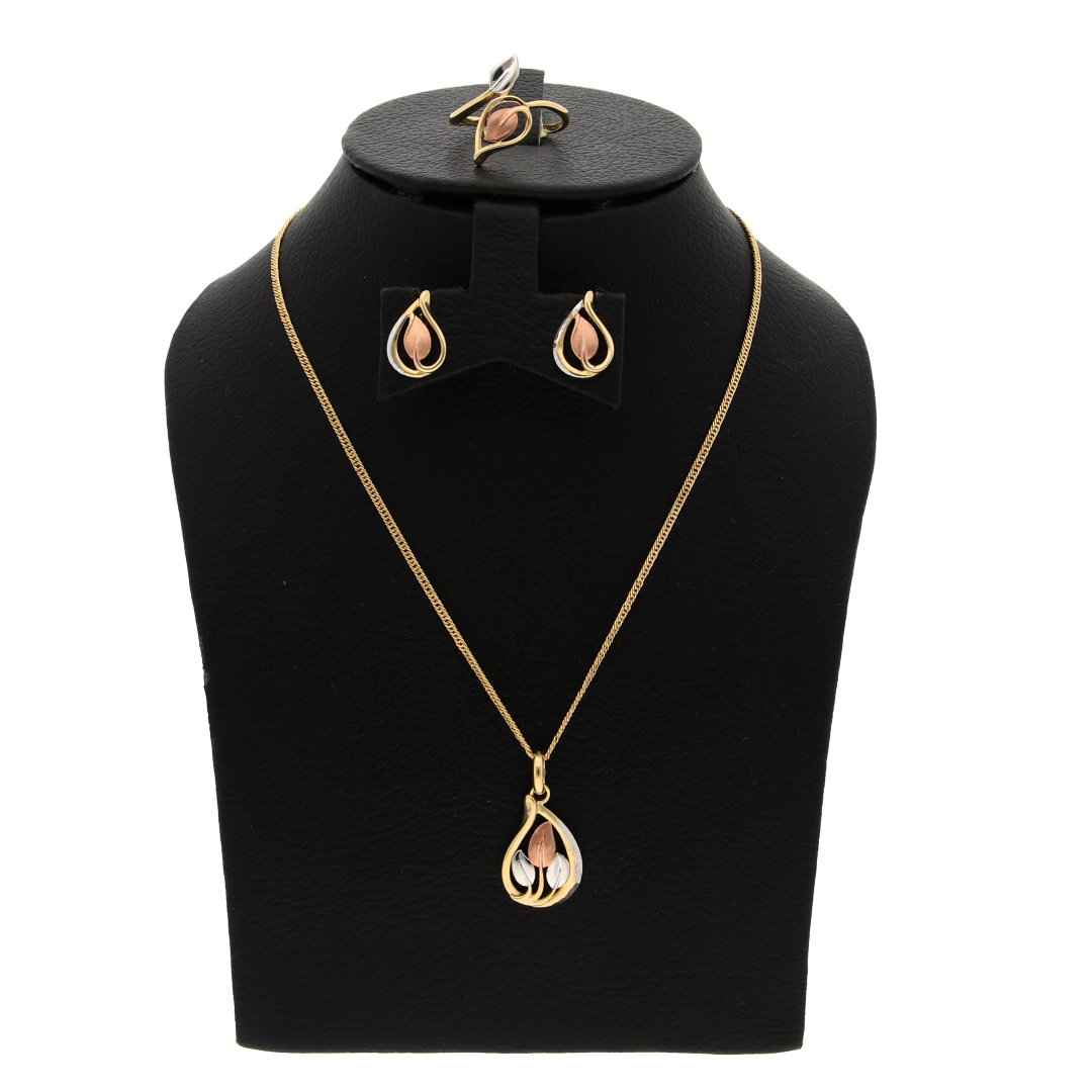 Gold Leaf Shaped Design Pendant Set (Necklace, Earrings and Ring) 18KT - FKJNKLST18K8947