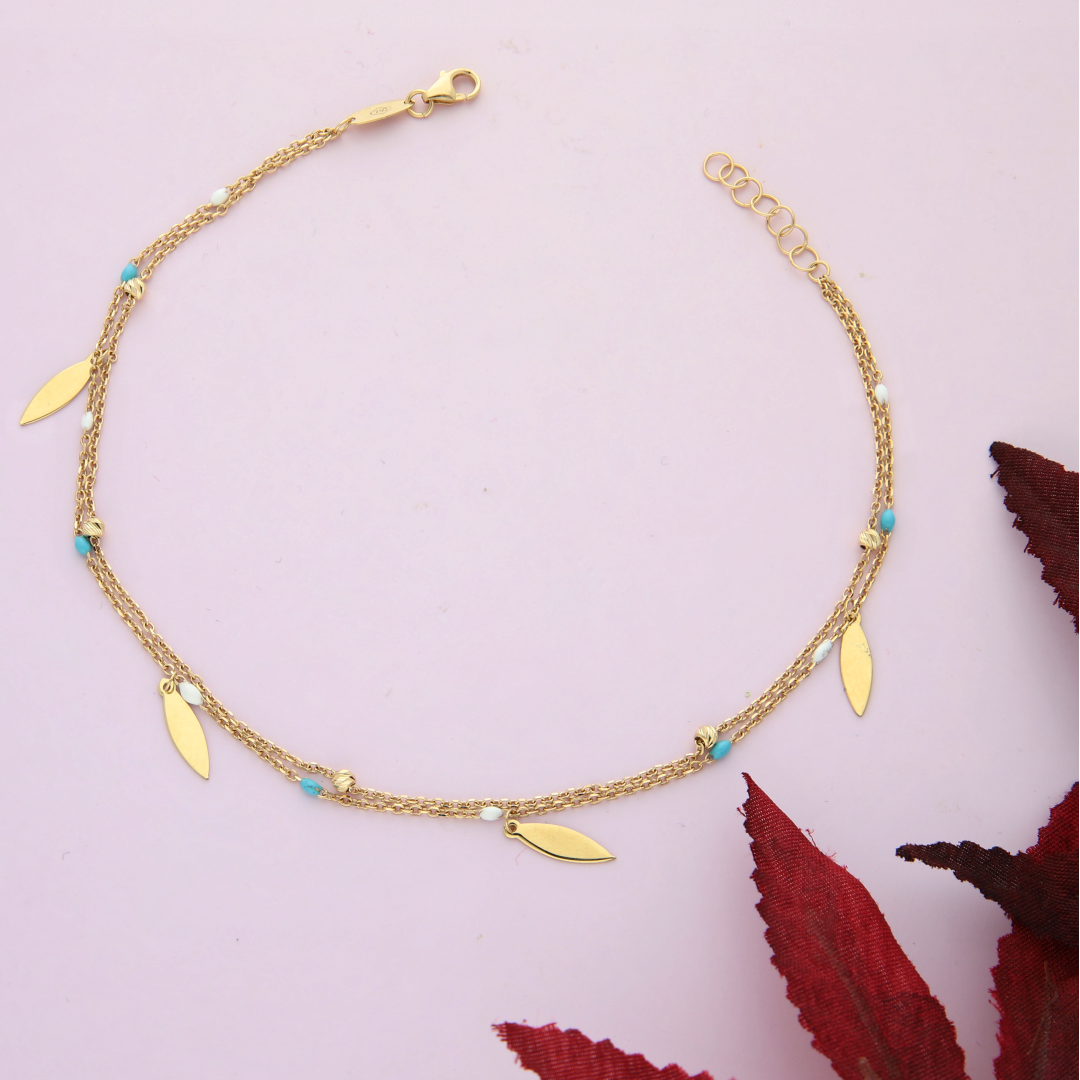 Gold Hanging Leaf Shaped Anklet 18KT - FKJANKL18K9033