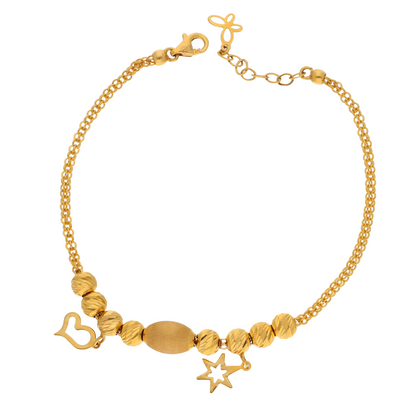 Gold Beads with Hanging Heart and Star Bracelet 21KT - FKJBRL21K9056