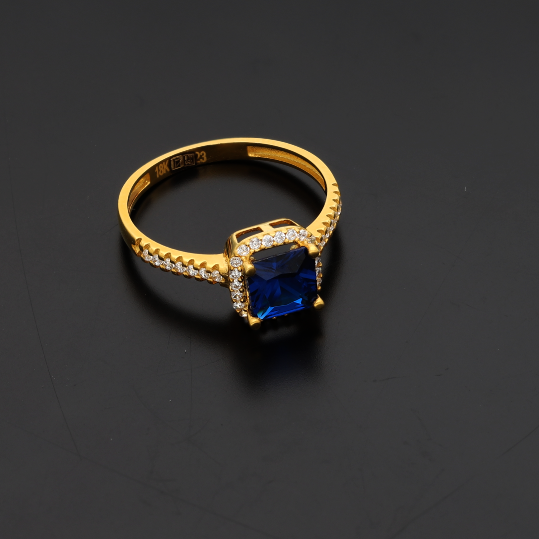 Gold Emerald Cut Blue Sapphire Zirconia Halo Ring 18KT - FKJRN18K9228