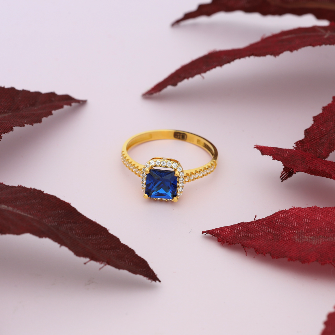 Gold Emerald Cut Blue Sapphire Zirconia Halo Ring 18KT - FKJRN18K9228
