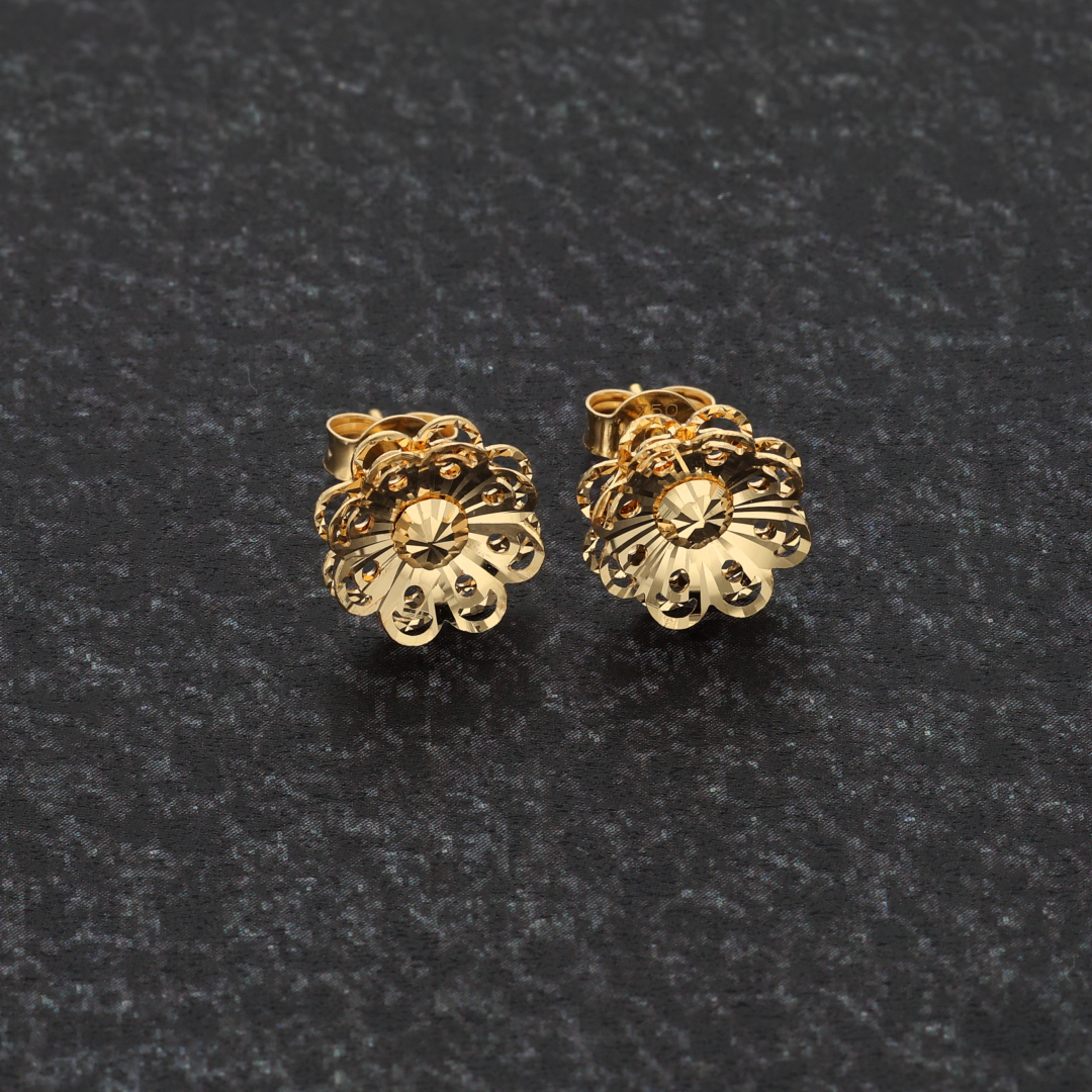 Gold Stud Round Shaped Flower Earrings 18KT - FKJERN18K9283