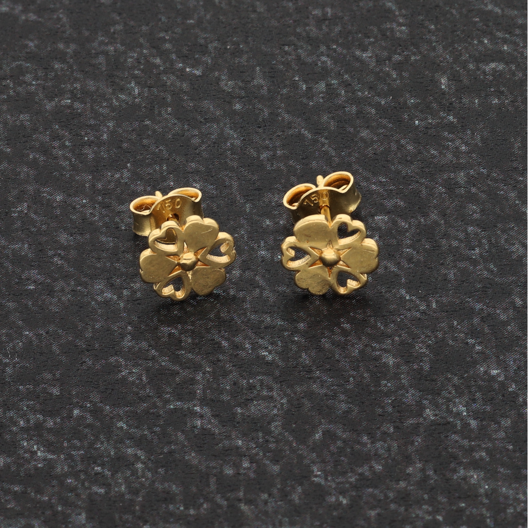 Gold Heart Shaped Round Flower Earrings 18KT - FKJERN18K9287
