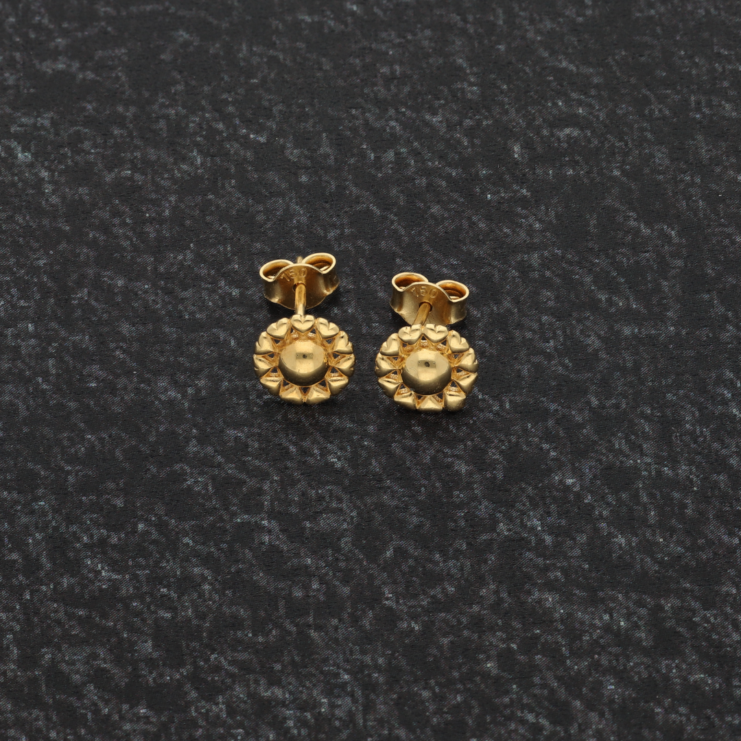 Gold Heart Shaped Round Flower Earrings 18KT - FKJERN18K9289