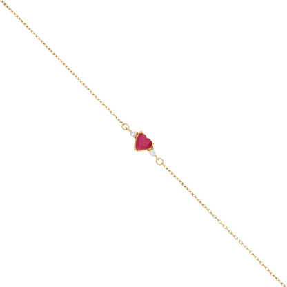 Sterling Silver 925 Red Heart Shaped Gold Plated Curb Bracelet - FKJBRLSL9336