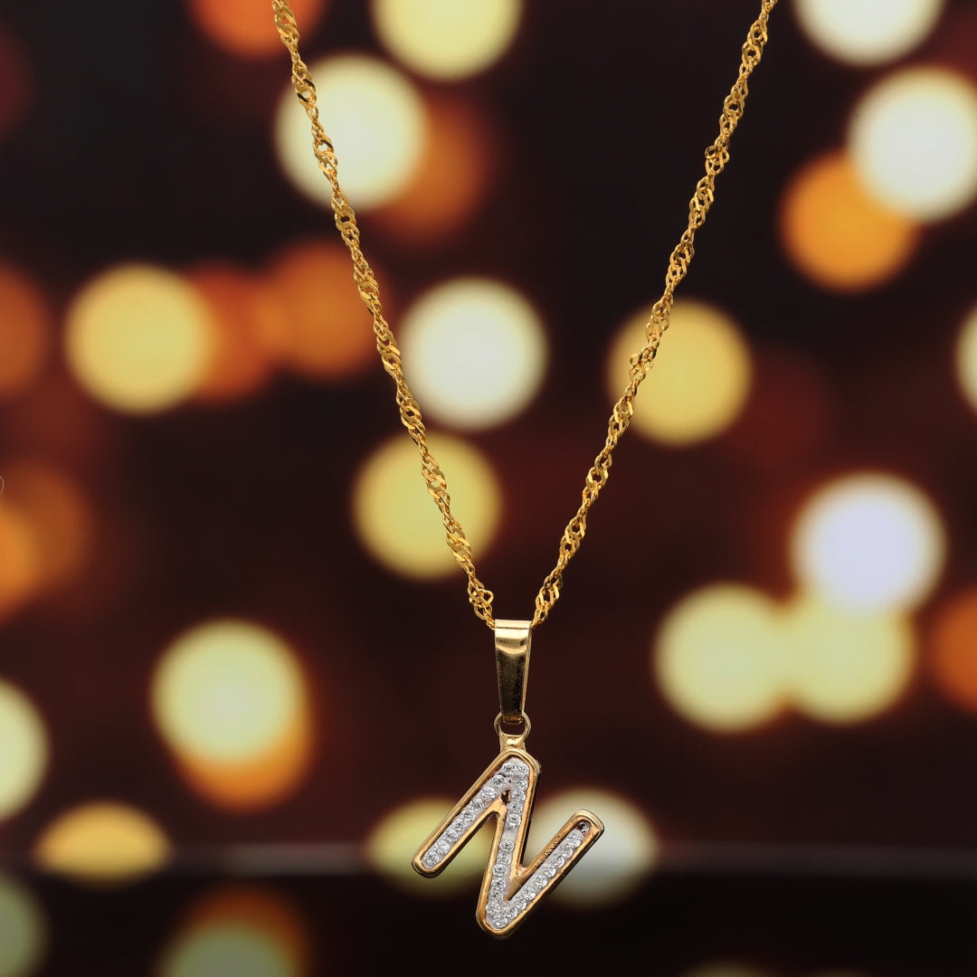 Gold Necklace (Chain with N Shaped Alphabet Letter Pendant) 18KT - FKJNKL18K9419