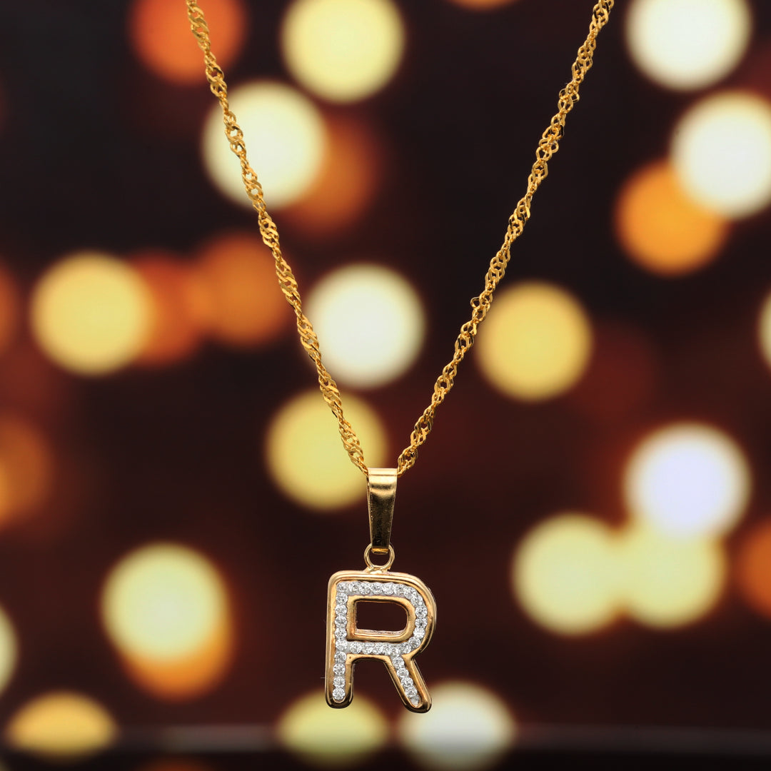 Gold Necklace (Chain with R Shaped Alphabet Letter Pendant) 18KT - FKJNKL18K9421