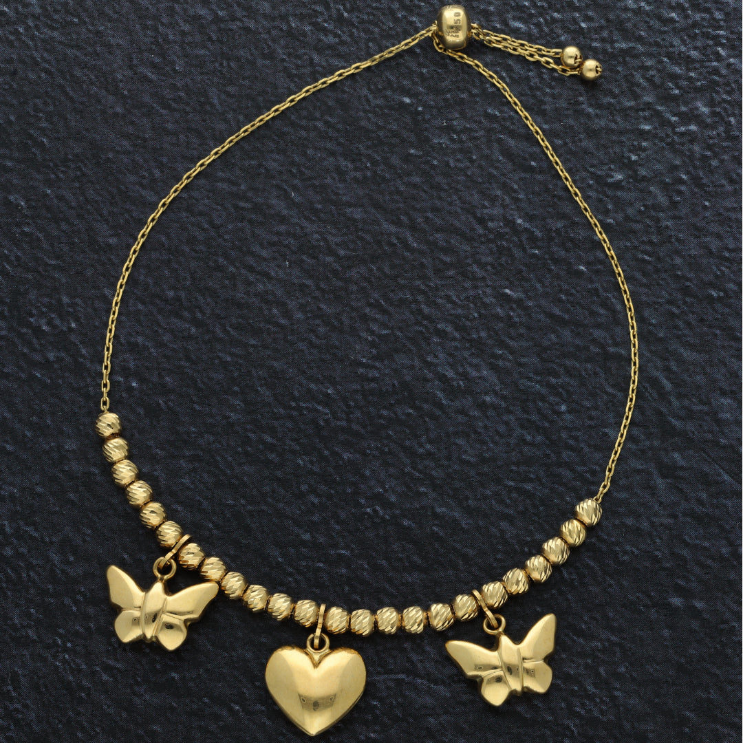 Gold Hanging Heart & Butterfly Shaped Bracelet 18KT - FKJBRL18K9426