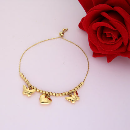 Gold Hanging Heart & Butterfly Shaped Bracelet 18KT - FKJBRL18K9426