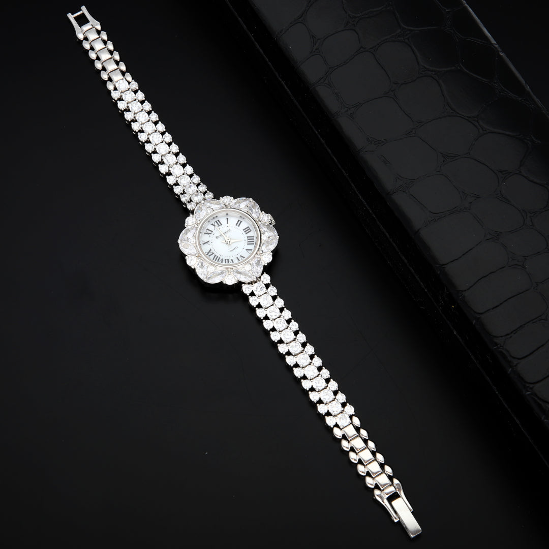 Sterling Silver 925 Elegant Stylish Flower Women Wrist Watch   - FKJWHSL9626