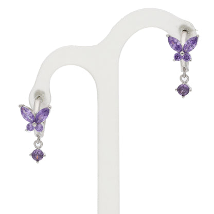 Sterling Silver 925 Purple Crystal Butterfly Clip Earrings - FKJERNSL9656