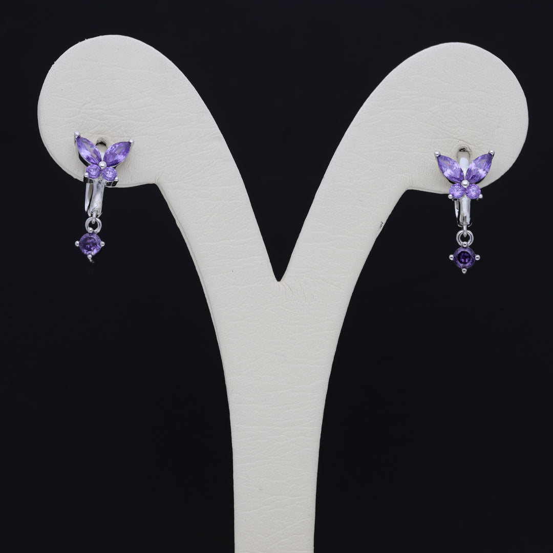 Sterling Silver 925 Purple Crystal Butterfly Clip Earrings - FKJERNSL9656