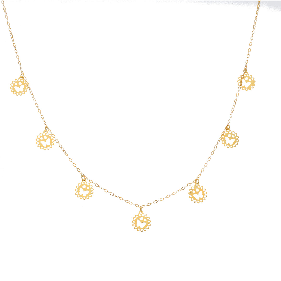 Gold Flower with Butterfly Heart Shaped Necklace 21KT - FKJNKL21KM9563