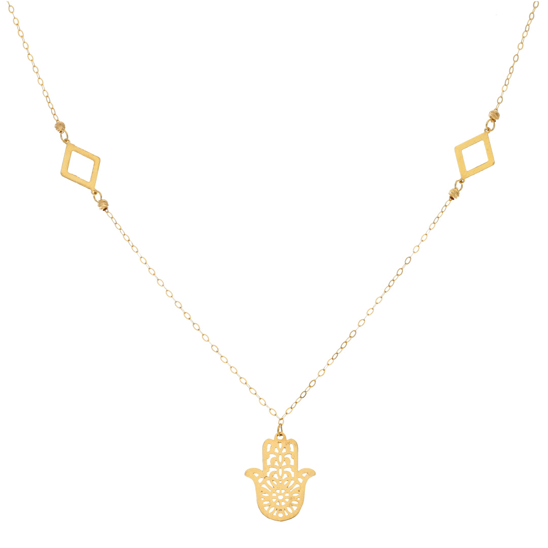 Gold Hamsa Hand with Diamond Shaped Necklace 21KT - FKJNKL21KM9565