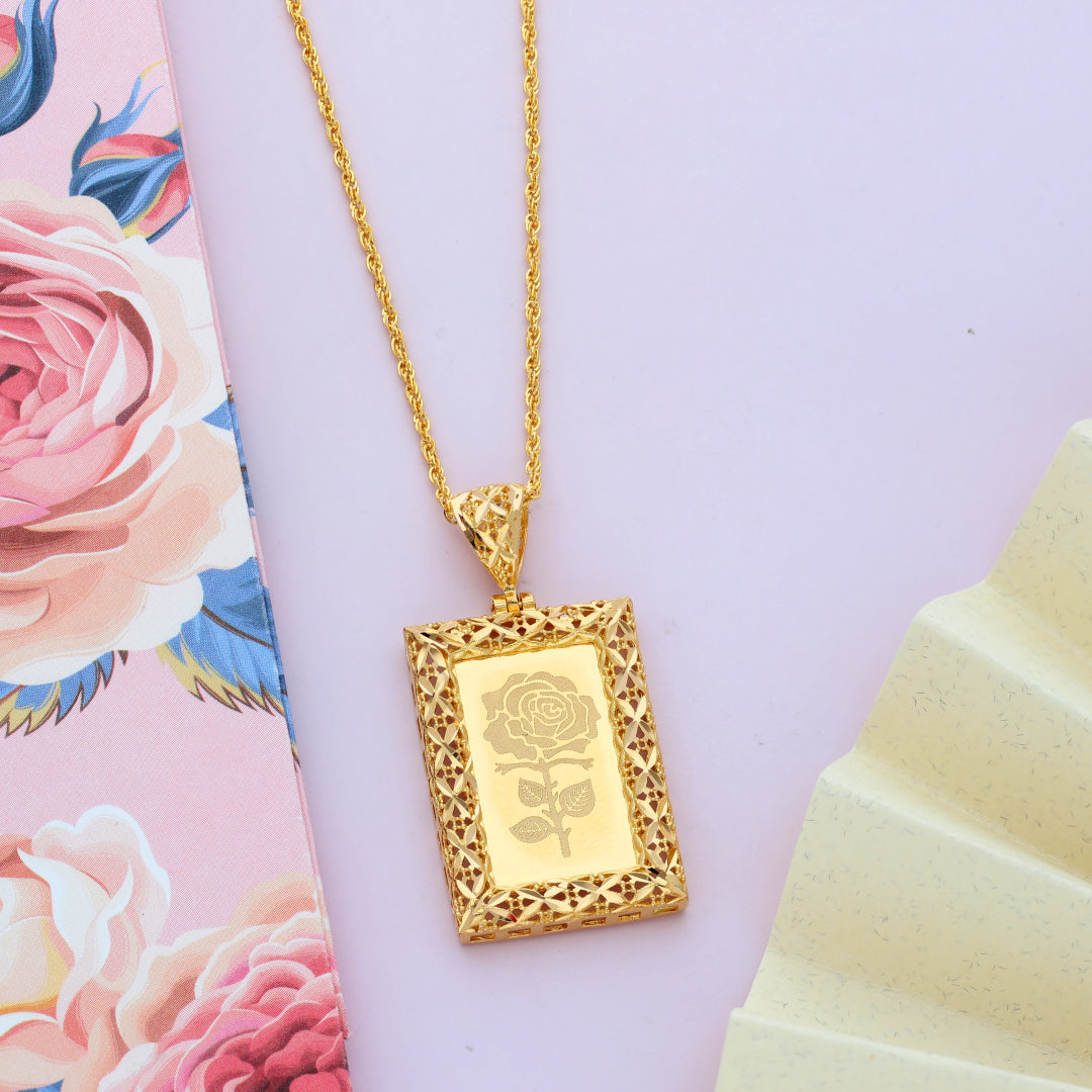 Gold Necklace (Chain Rectangle Shaped Rose Frame Pendant) 21KT - FKJNKL21KM9617