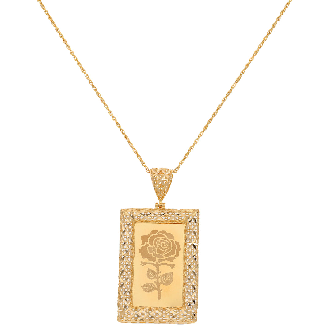 Gold Necklace (Chain Rectangle Shaped Rose Frame Pendant) 21KT - FKJNKL21KM9618