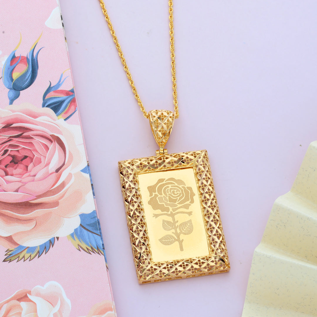 Gold Necklace (Chain Rectangle Shaped Rose Frame Pendant) 21KT - FKJNKL21KM9618