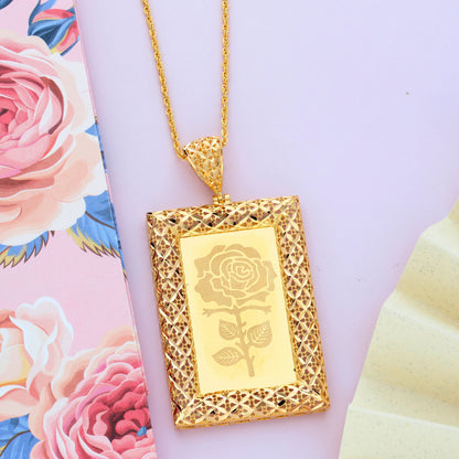 Gold Necklace (Chain Rectangle Shaped Rose Frame Pendant) 21KT - FKJNKL21KM9619