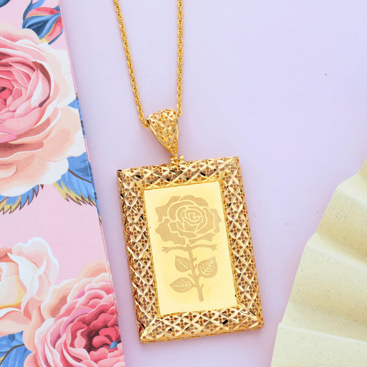 Gold Necklace (Chain Rectangle Shaped Rose Frame Pendant) 21KT - FKJNKL21KM9619