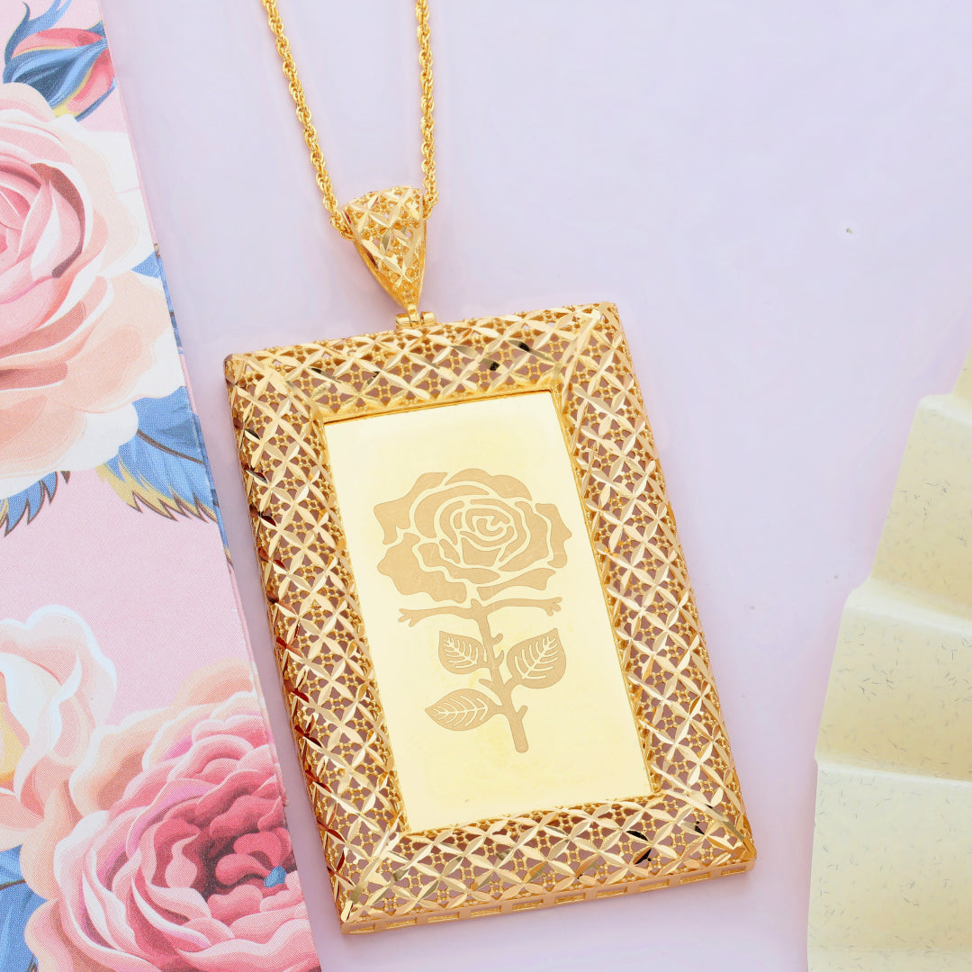 Gold Necklace (Chain Rectangle Shaped Rose Frame Pendant) 21KT - FKJNKL21KM9620