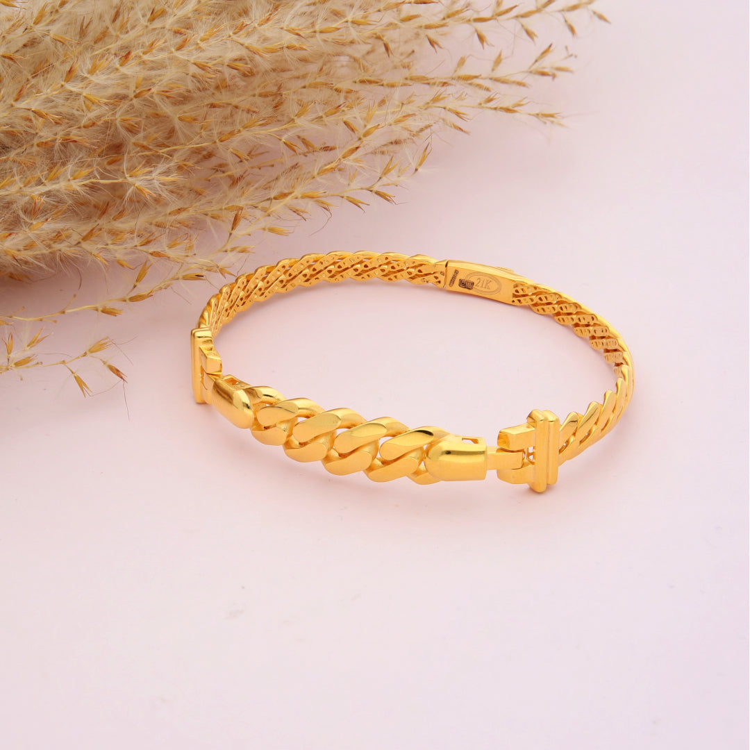 Gold Curb and Cuban Design Bangle 21KT - FKJBNG21KM9698