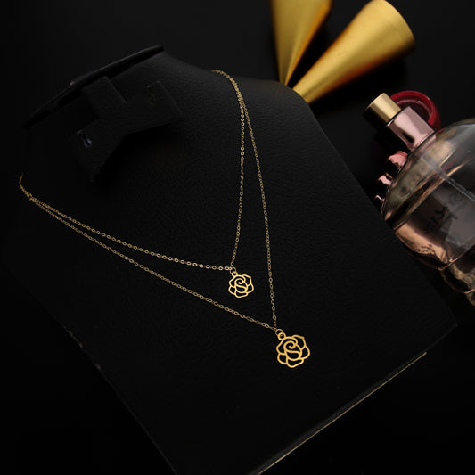 Gold Layered Necklace (Chain With Hollow Rose Shaped Pendant) 21KT - FKJNKL21KM9778