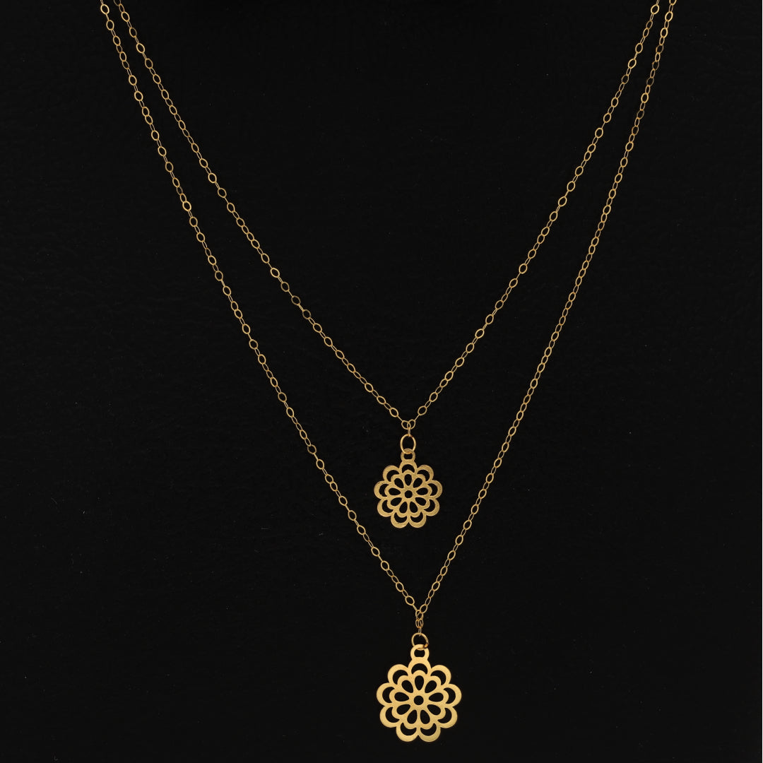 Gold Double Layered Flower Shaped Necklace 21KT - FKJNKL21KM9786