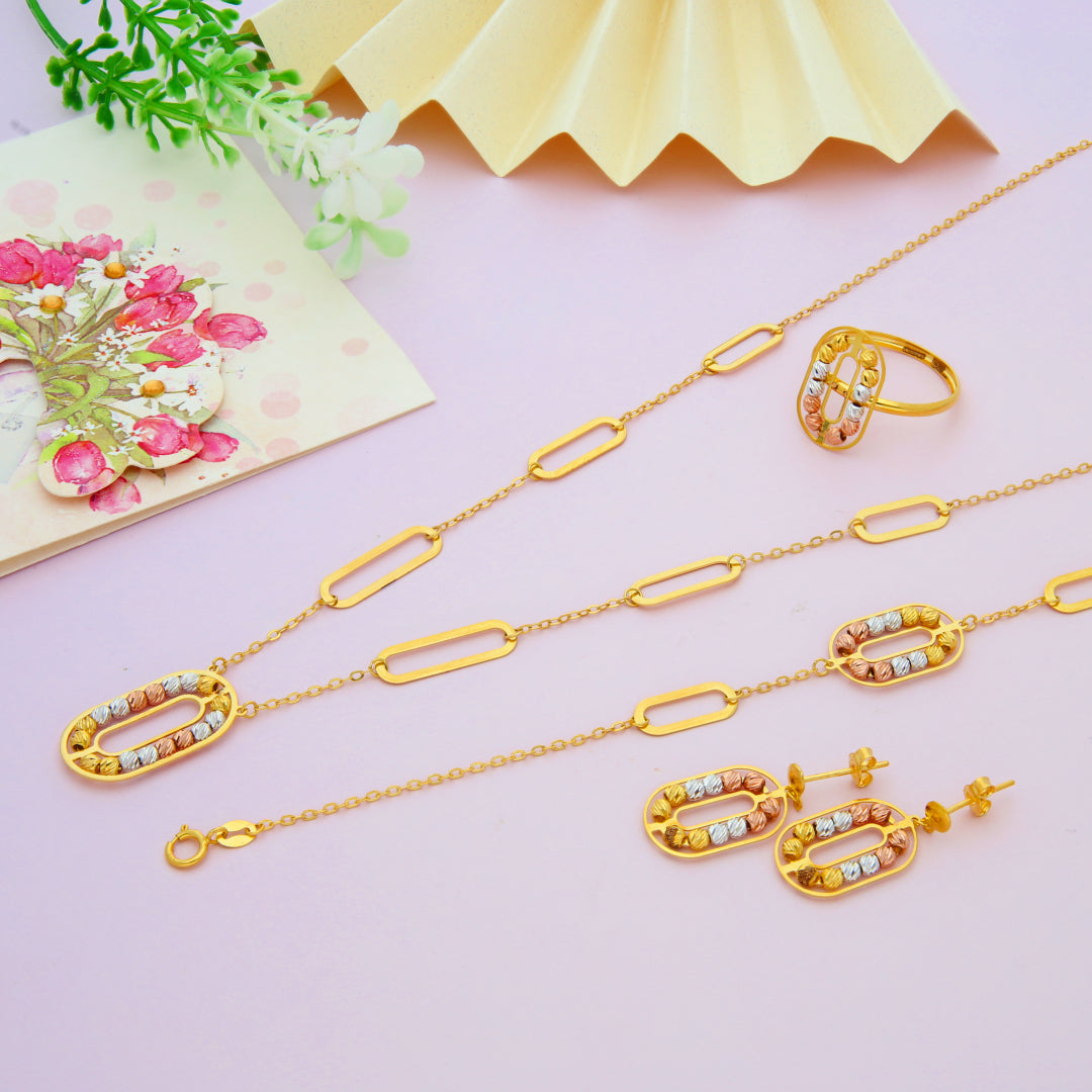 Gold Beaded Oval Shaped Pendant Set (Necklace, Bracelet, Earrings and Ring) 21KT - FKJNKLST21KM9856