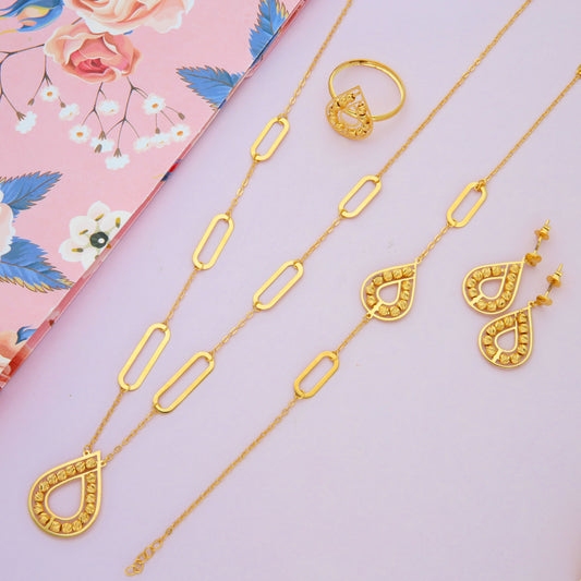 Gold Beaded Tear Drop Shaped Pendant Set (Necklace, Bracelet, Earrings and Ring) 21KT - FKJNKLST21KM9855