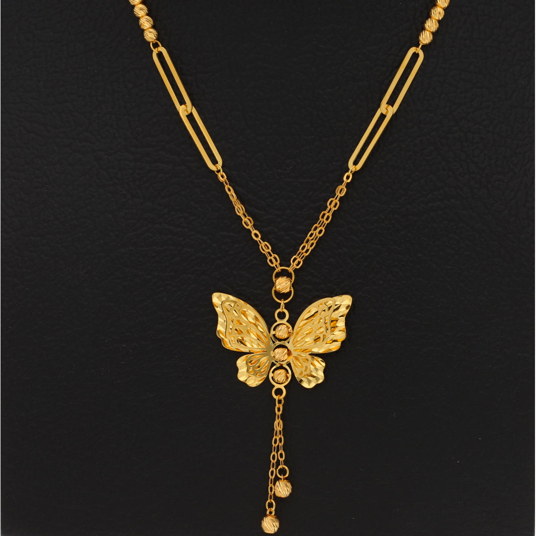 Gold Hanging Butterfly Shaped Pendant Set (Necklace, Bracelet and Earrings) 21KT - FKJNKLST21KM9858