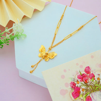 Gold Hanging Butterfly Shaped Pendant Set (Necklace, Bracelet and Earrings) 21KT - FKJNKLST21KM9858