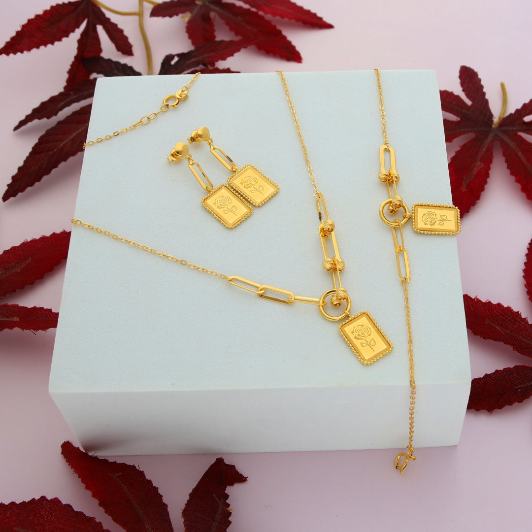 Gold Rose Engraved Pendant Set (Necklace, Bracelet and Earrings) 21KT - FKJNKLST21KM9860